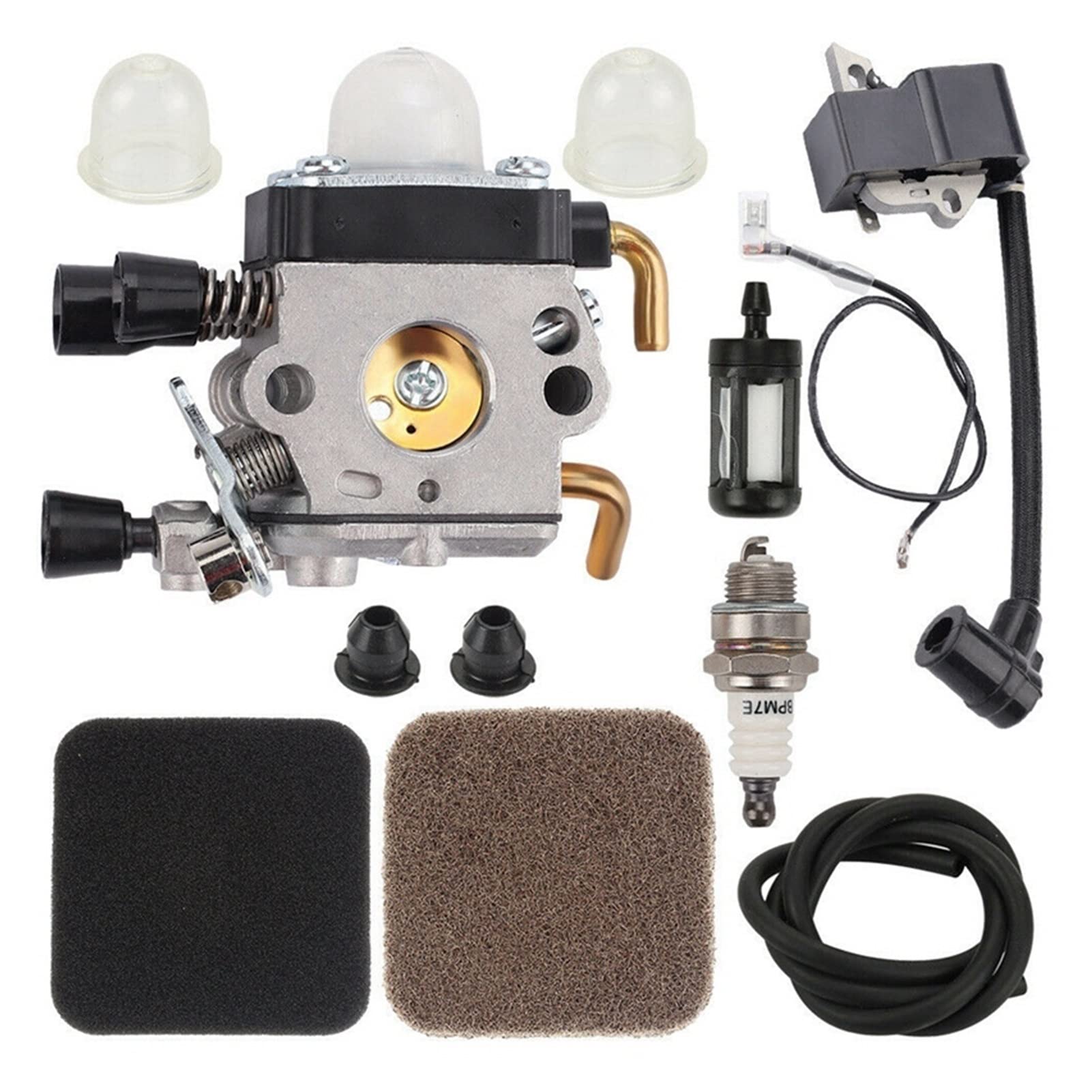 STIHL FS80R FS85 FS80 HS80 HT75 HS75 HS85 KM85 Carburetor & Ignition Coil Kit - Silver Black - Replacement Parts for Outdoor Power Tools - Perfect for Lawn Mowers, Trimmers & Chainsaws