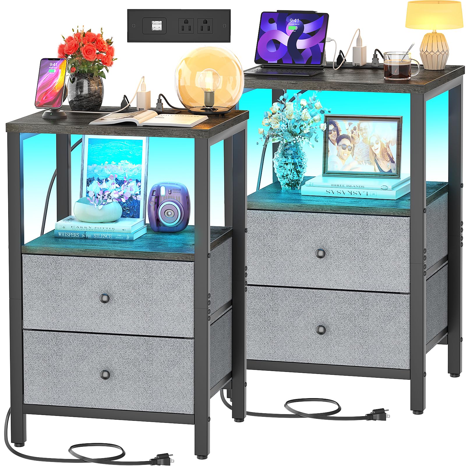Cyclysio Modern Nightstand Set of 2 with USB Charging Station & LED Lights - 25.6