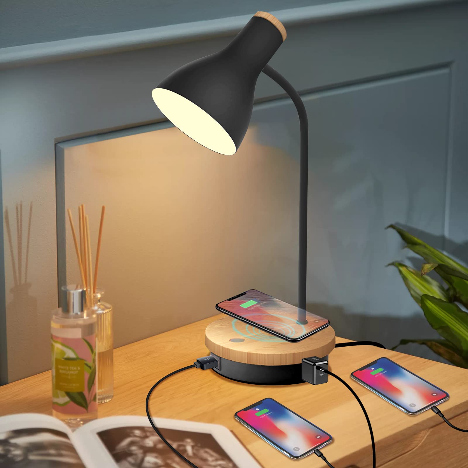 Wireless Charging Metal Desk Lamp - 3-Way Dimmable Touch Control LED Reading Light with USB Ports for Bedroom, Study Room & Office | Perfect for Night Reading, Working & Phone Charging (Black)