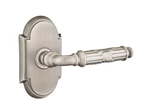 EMTEK #8 Rosette Privacy Door Lock Set with Matching Finish Ribbon & Reed Lever - 7 Finish Options - Left/Right Handed - 8208RBLLHUS15A - Pewter (US15A) - Perfect for Bedroom, Bathroom & Interior Doors Privacy Security