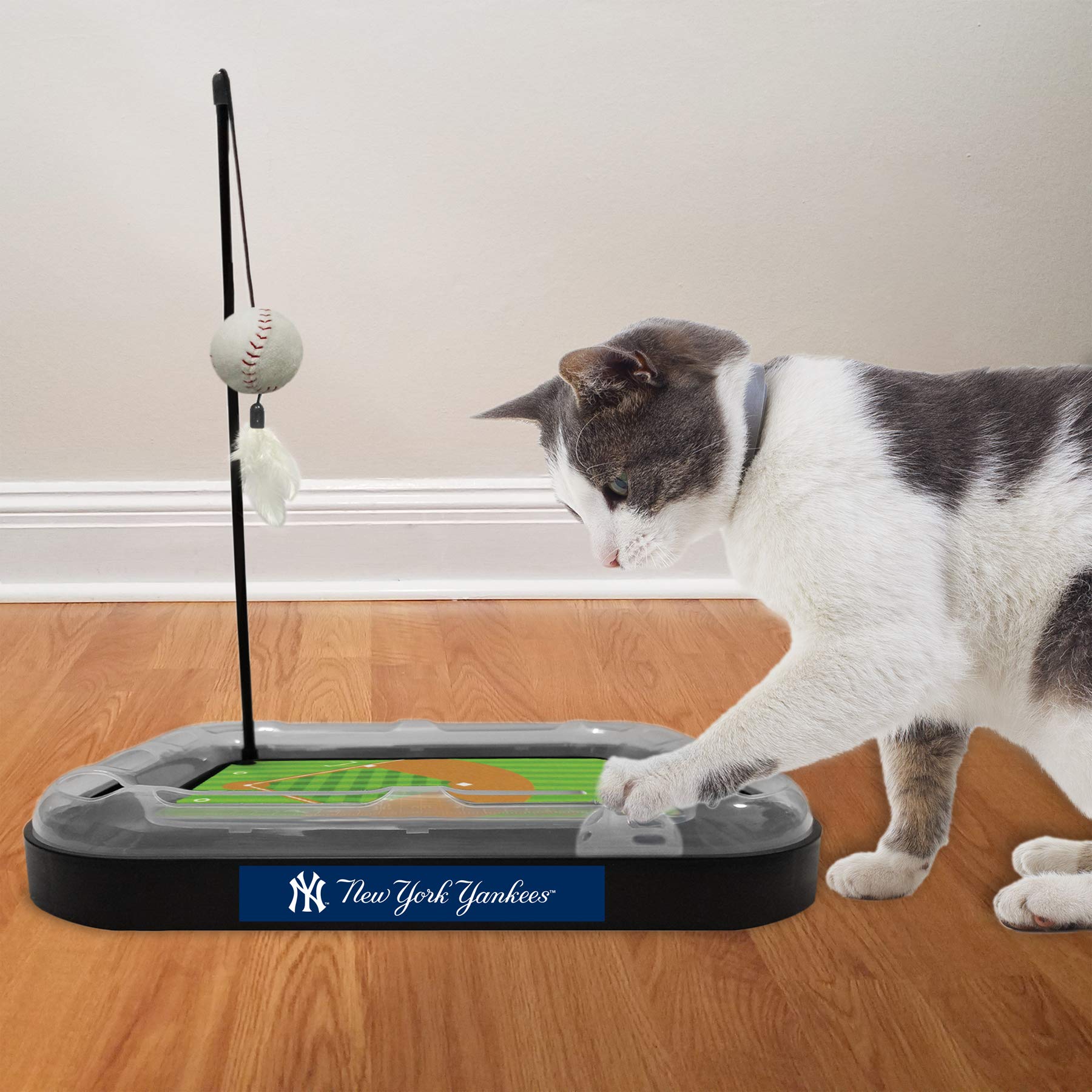 New York Yankees Baseball Field Cat Scratching Toy - 5-in-1 Interactive Cat Scratcher with Ball Bell, Catnip Plush & Feather Wand - Perfect for Playtime, Exercise & Stress Relief for Indoor Cats