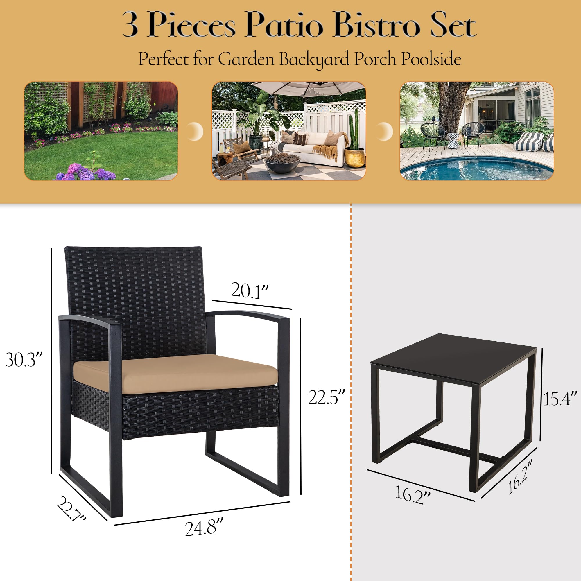 HYDRAGARDEN 3-Piece Outdoor Patio Furniture Set - Black Wicker & Brown Cushion Bistro Conversation Set with Glass Table, Weather-Resistant Rattan Chairs for Garden, Porch, Balcony, Backyard - Perfect for Relaxing, Entertaining Guests, and Outdoor Dining