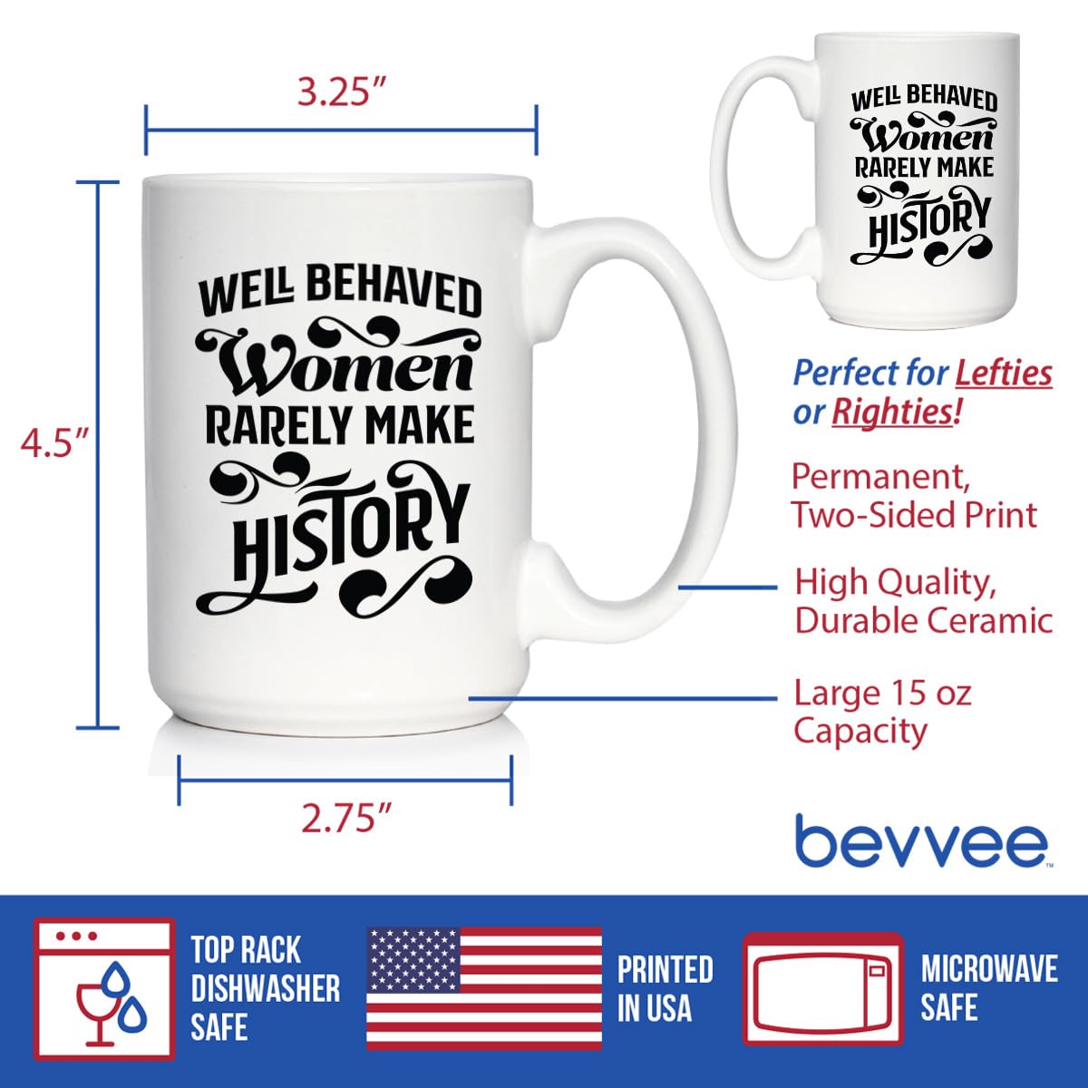 Funny Feminist Coffee Mug - Well Behaved Women Rarely Make History Quote - 15oz Large White Ceramic Cup - Perfect for Office, Home & Gifts for Women