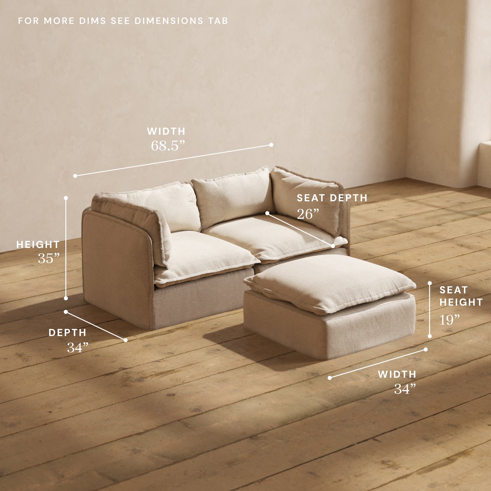 Modular Performance 2 Seater Sofa with Ottoman in Oat Color | Modern Living Room Furniture for Small Spaces | Perfect for Apartments, Condos and Cozy Homes