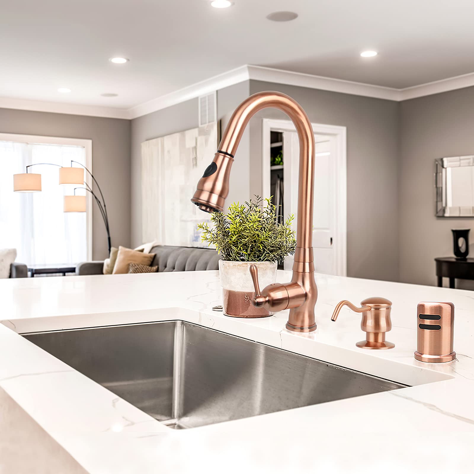 Akicon Copper Kitchen Faucet with Soap Dispenser - Single Handle Solid Brass High Arc Pull Down Sprayer Head - Deck Plate Included - Perfect for Modern Farmhouse & Industrial Style Kitchens