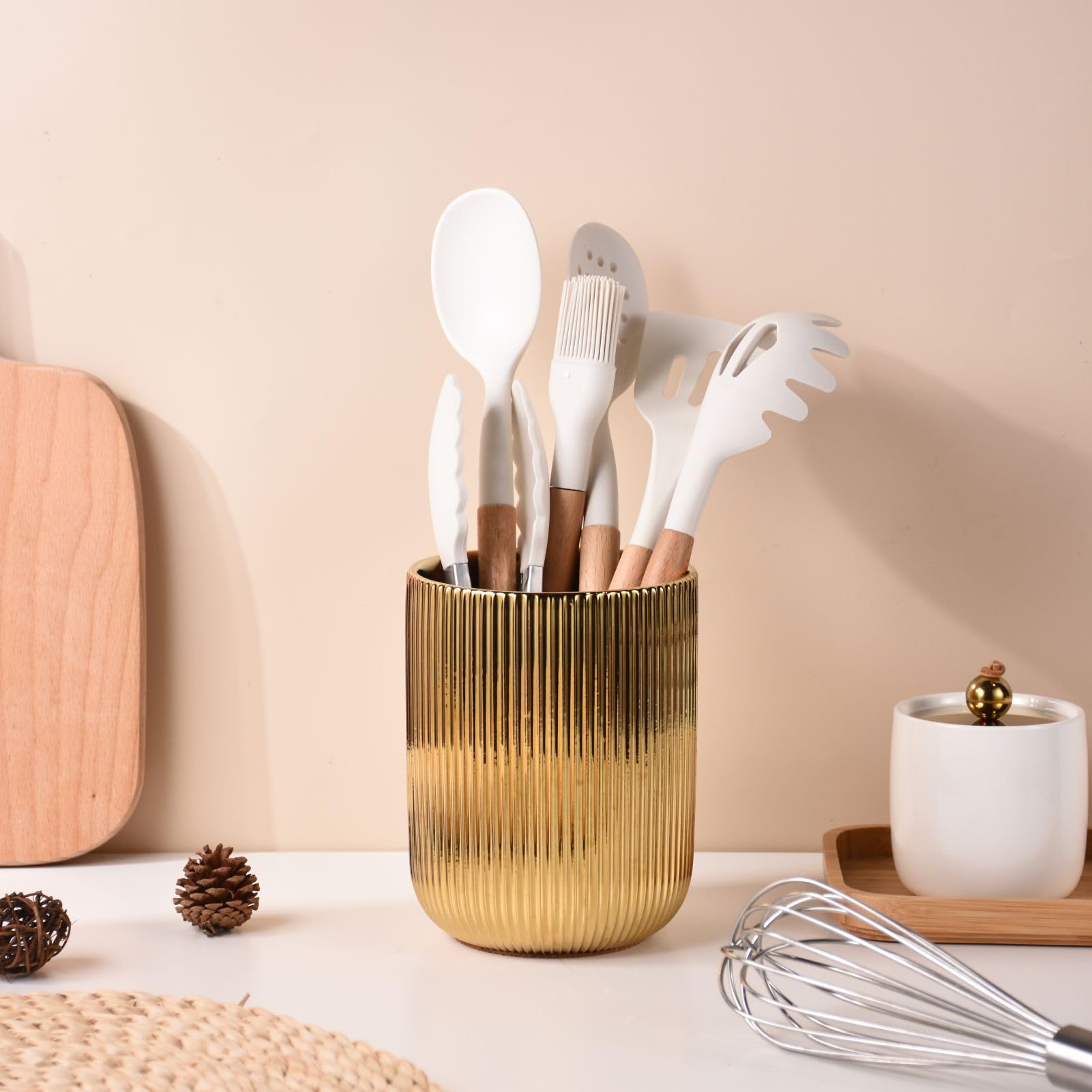 Premium Ceramic Kitchen Utensil Holder with Gold Accents - 5.1