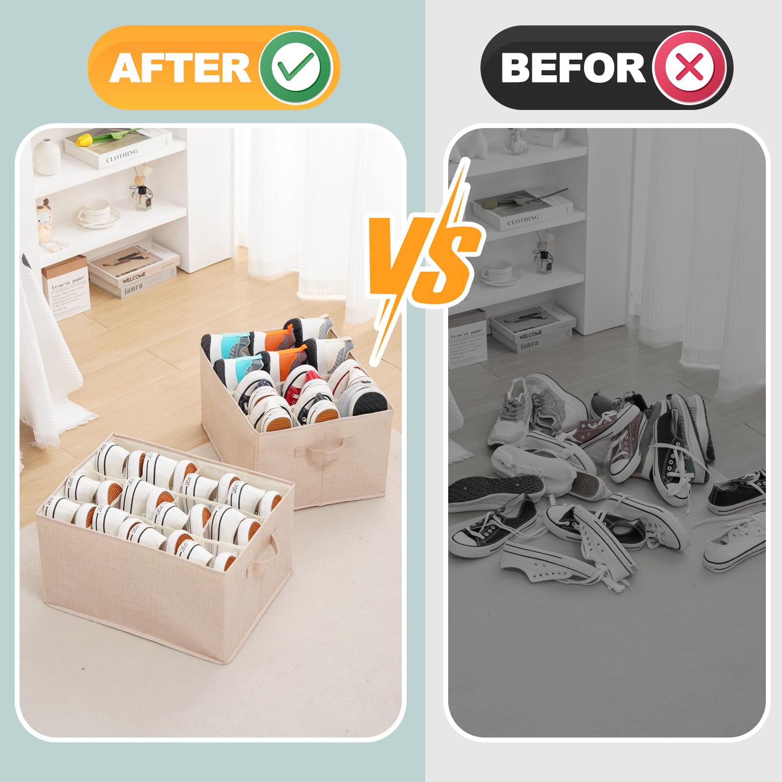 2-Pack Grey Shoe Organizer for Closet - Space Saving Storage Bins Holds 24 Pairs of Shoes, Sneakers & High Heels - Perfect for Clothes, Pants & Wardrobe Organization (Ideal for Small Spaces & Closet Decluttering)