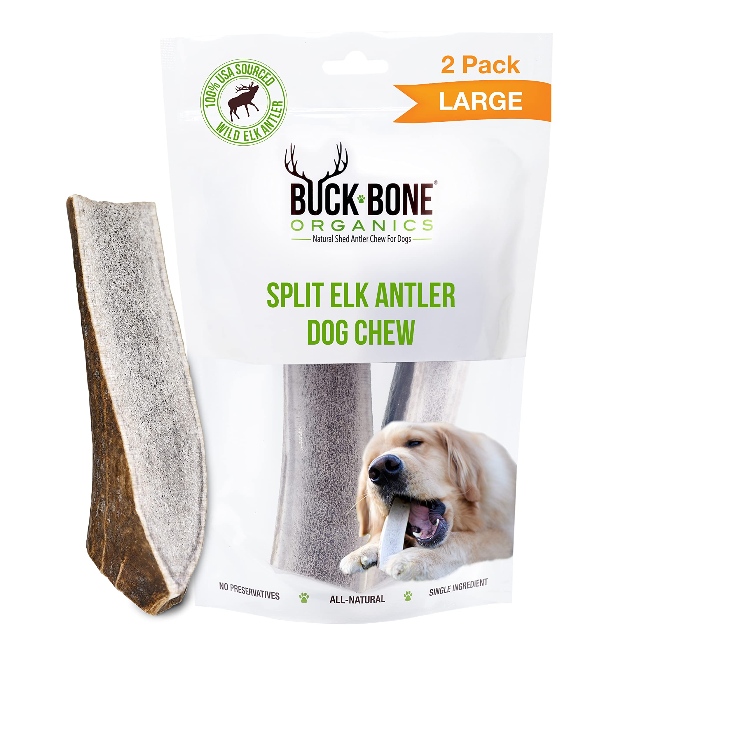 Buck Bone Organics All-Natural Elk Antler Dog Chews for Aggressive Chewers - Long Lasting Dog Bones, No Preservatives, Wild Shed in USA (Large 2 Pack) - Perfect for Teething Puppies & Strong Chewers