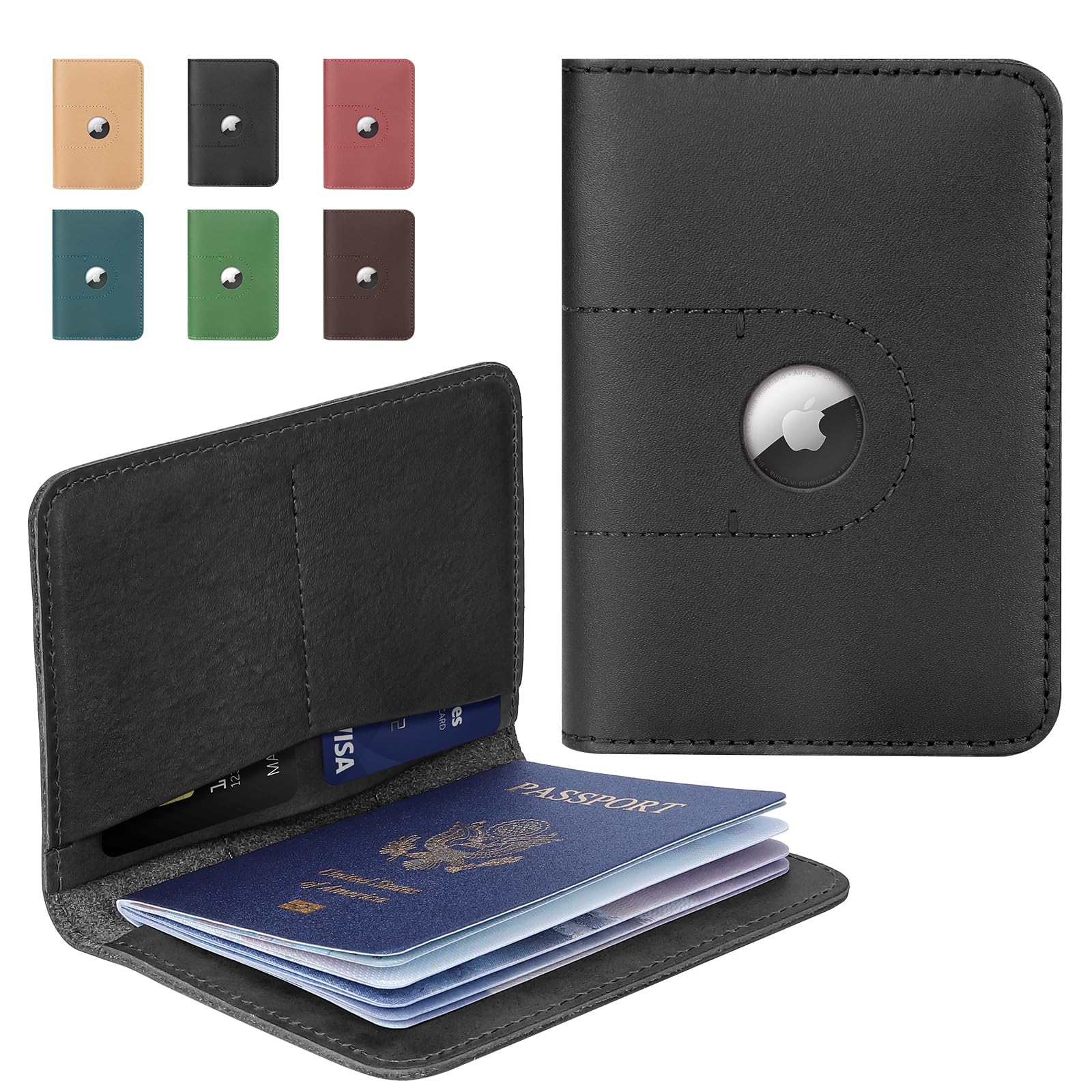Premium Genuine Leather Passport Holder with AirTag Slot - RFID Blocking Travel Wallet for Women & Men - Perfect Travel Accessory for Airports & International Trips - Ideal Gift for Frequent Flyers (Black)