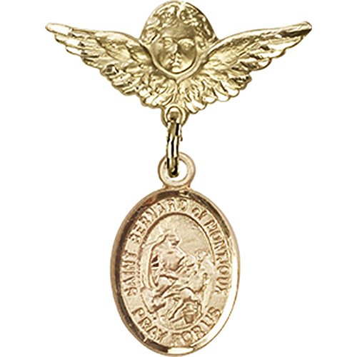 Gold Filled Baby Badge Pin with St. Bernard of Montjoux Charm & Angel Wing Charm - 1 x 3/4 Inch - Perfect for Christening Gifts, Baby Showers & First Communion Keepsakes
