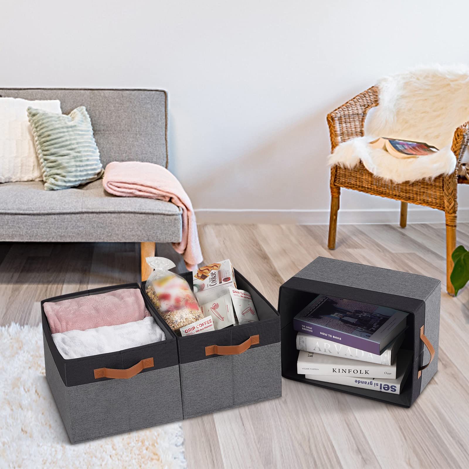 Large Foldable Fabric Storage Bins with PU Handles - 26L Closet Organizer Baskets for Shelves, Home, Bedroom & Office (3-Pack, Grey & Black) - Perfect for Storing Clothes, Toys, Blankets & Home Organization