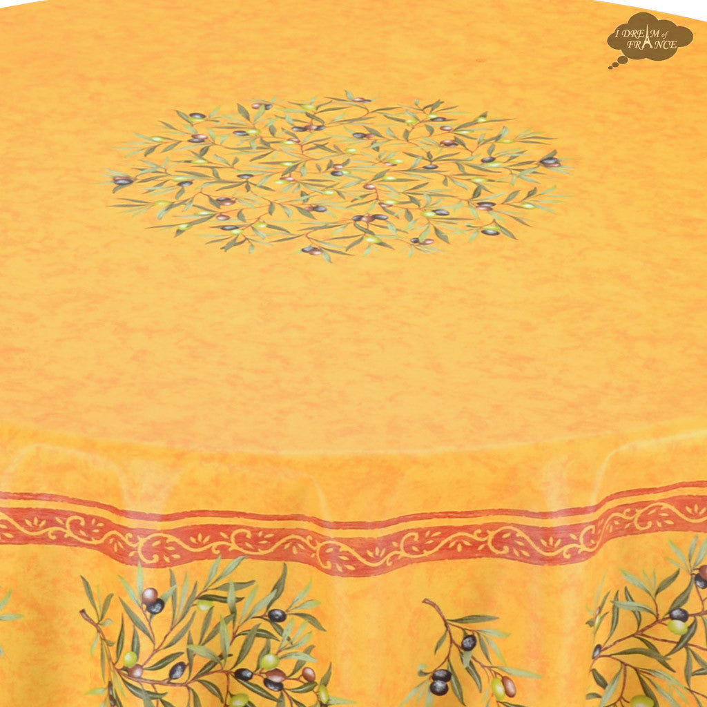 70 Round Clos des Oliviers Yellow French Tablecloths by Label France - Elegant Dining Decor for Weddings, Restaurants & Special Events