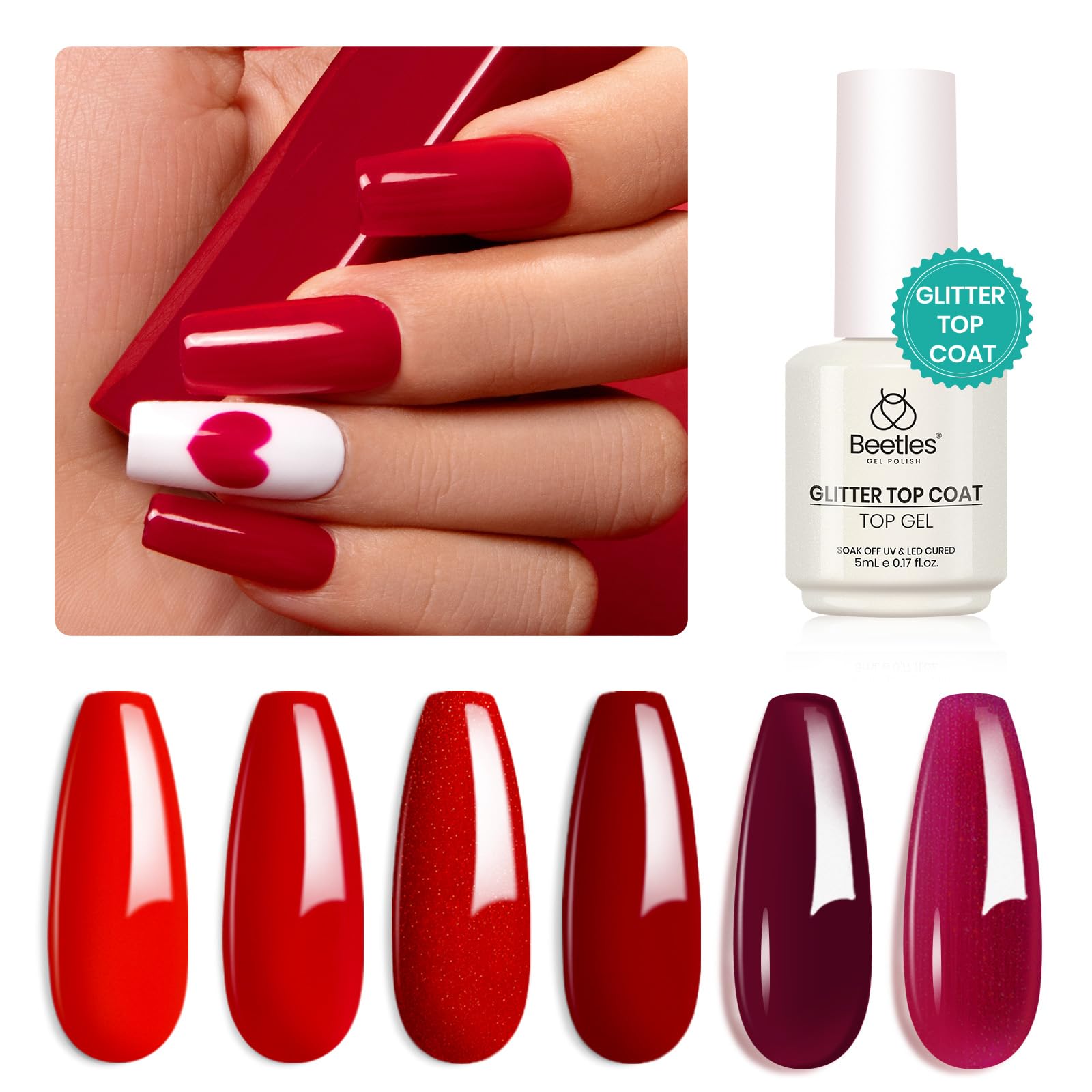 Beetles 6 Colors Red Gel Nail Polish Set with Top Coat - Shimmering Red Burgundy UV LED Soak Off Gel Polish Kit for Nail Art Design | DIY Home Manicure, Perfect Gift for Women | Great for Parties, Weddings & Special Occasions