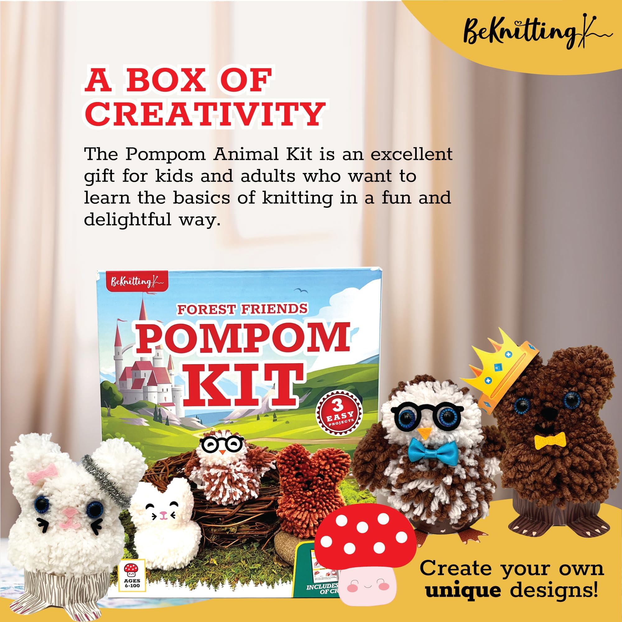 BeKnitting DIY Pompom Maker Craft Kit for Kids - Includes Yarn, Pompom Makers & Stickers | Fun Handmade Gift for Birthday, Christmas & School Art Projects