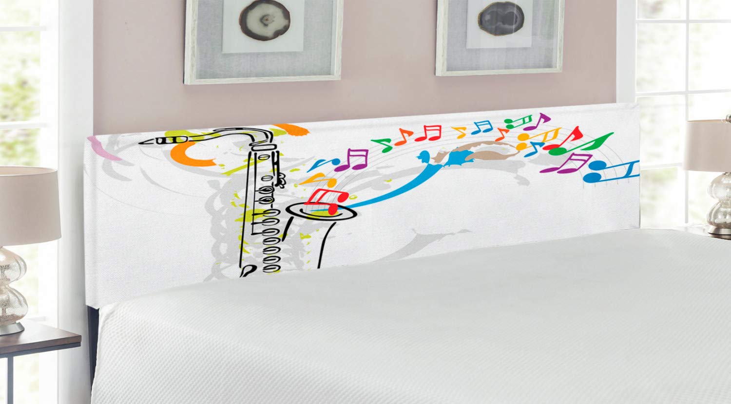 Ambesonne Jazz Music Themed Upholstered Headboard - Colorful Music Notes & Saxophone Design, King Size Bed Headboard with Memory Foam in Orange, Green & Red | Perfect for Music Lovers' Bedroom Decor, Jazz Festival Theme & Bohemian Style Home