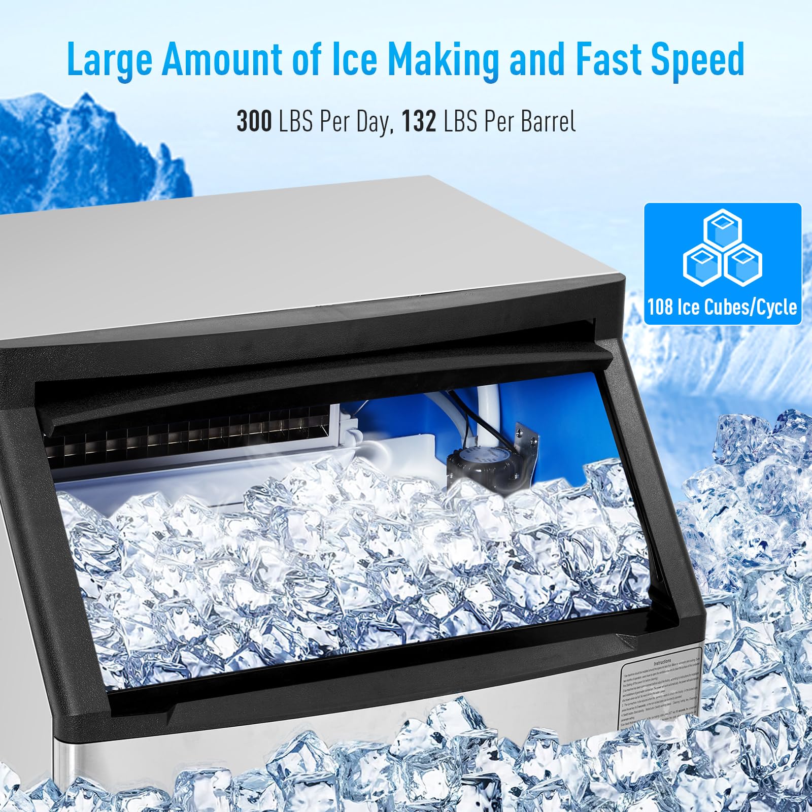 Zstar Commercial Ice Maker Machine - 300LBS/24H Under Counter Ice Maker with 150LBS Storage, Self-Cleaning Stainless Steel, Freestanding Undercounter Large Capacity Ice Machine for Restaurant, Bar, Cafe, Hotel, Party & Commercial Use