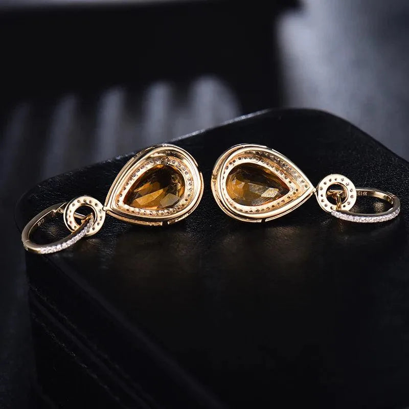 14Kt Yellow Gold Natural Pear Citrine Drop Earrings for Women - 10x14mm Yellow Citrine with Diamonds, Fine Jewelry, OL Style - Perfect for Parties, Weddings & Everyday Elegance