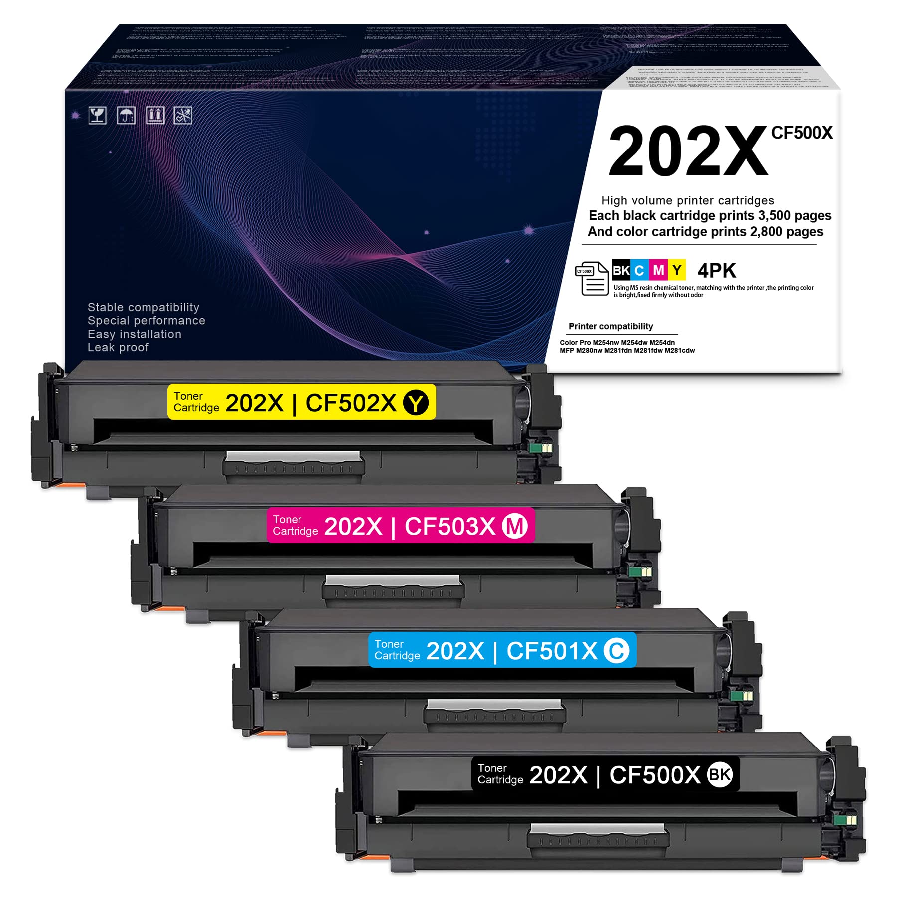 SAOUOT 202X BK/C/M/Y High Yield 4-Pack Toner Cartridge Set - Compatible with HP Color Pro M254dn M254nw M254dw MFP M280nw M281fdn M281fdw M281cdw Printers (Replacement for CF500X CF501X CF502X CF503X) - Perfect for Office Printing, Home Use & Small Business Documents