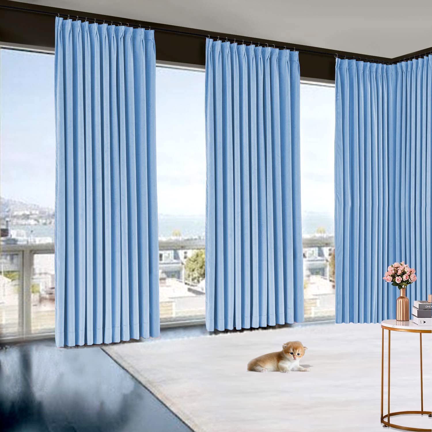 Blackout Curtains for Bedroom - 100% Polyester Room Darkening Pinch Pleat Drapes with Rings, Sky Blue, 30