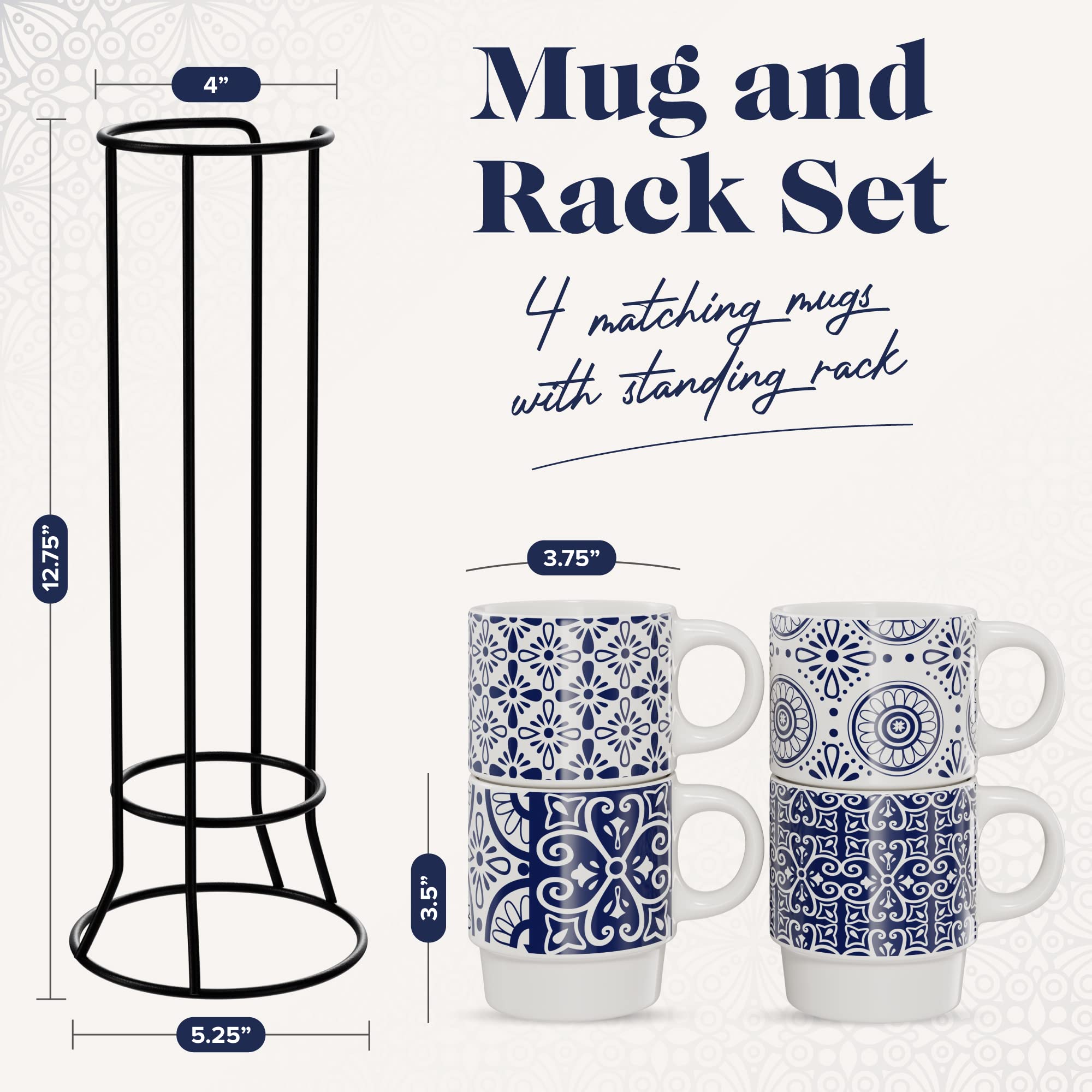 American Atelier 4-Piece Ceramic Coffee Mug Set with Stackable Rack – 14oz Medallion Blue Design – Perfect for Home, Office, or Gift Giving