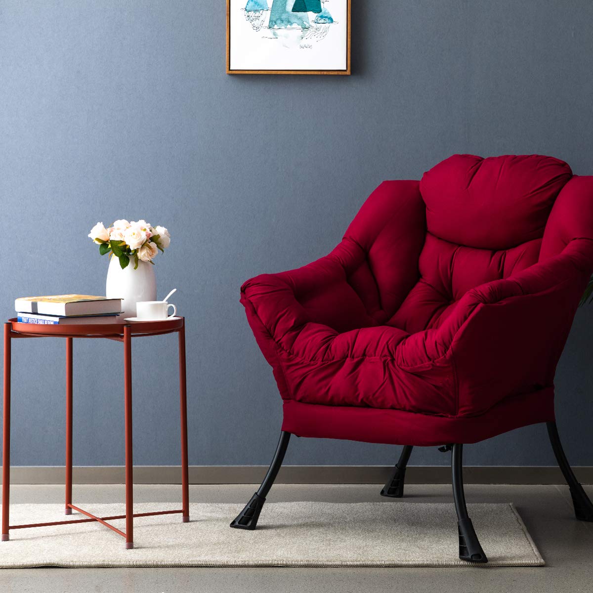 HollyHOME Modern Fabric Oversized Lazy Chair - Thick Padded Comfy Lounge Chair with Armrest, Steel Frame Accent Reading Chair for Living Room, Bedroom, Dorm (Burgundy) | Perfect for Relaxing, Reading & Napping