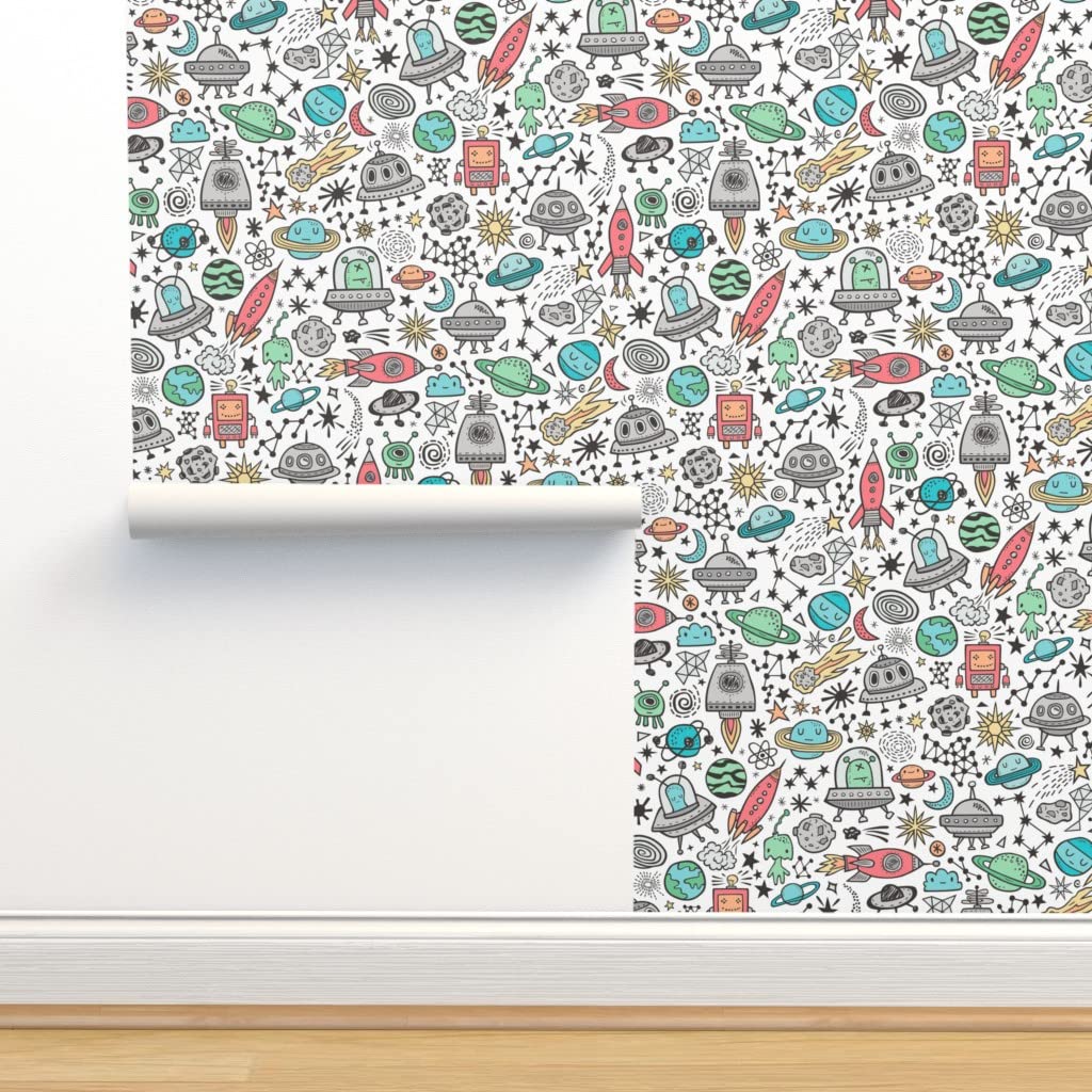 Space Galaxy Universe Doodle Wallpaper - Peel & Stick Removable Wall Mural 9ft x 2ft with Planets, Robots & Stars - Perfect for Kids' Rooms, Nurseries & Home Decor by Spoonflower