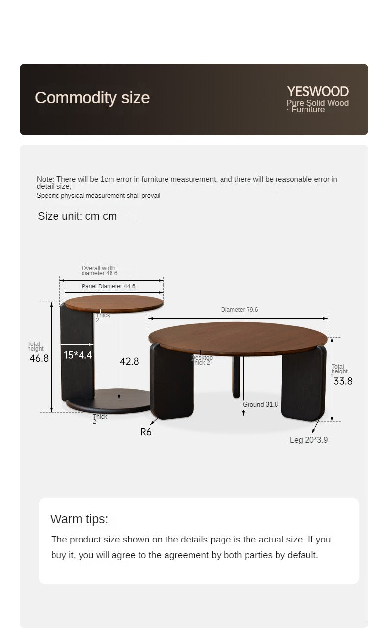 Solid Black Walnut Round Coffee Table - Italian Light Luxury Style for Living Room, Lounge & Office Decor