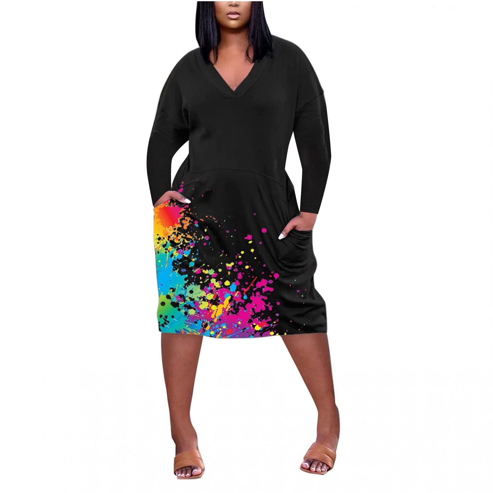 QFVZHY Plus Size Women's Casual Dress - V Neck Long Sleeve Knee Pocket Flowy Dress for Fall & Summer | Perfect for Office, Date Night & Weekend Outings
