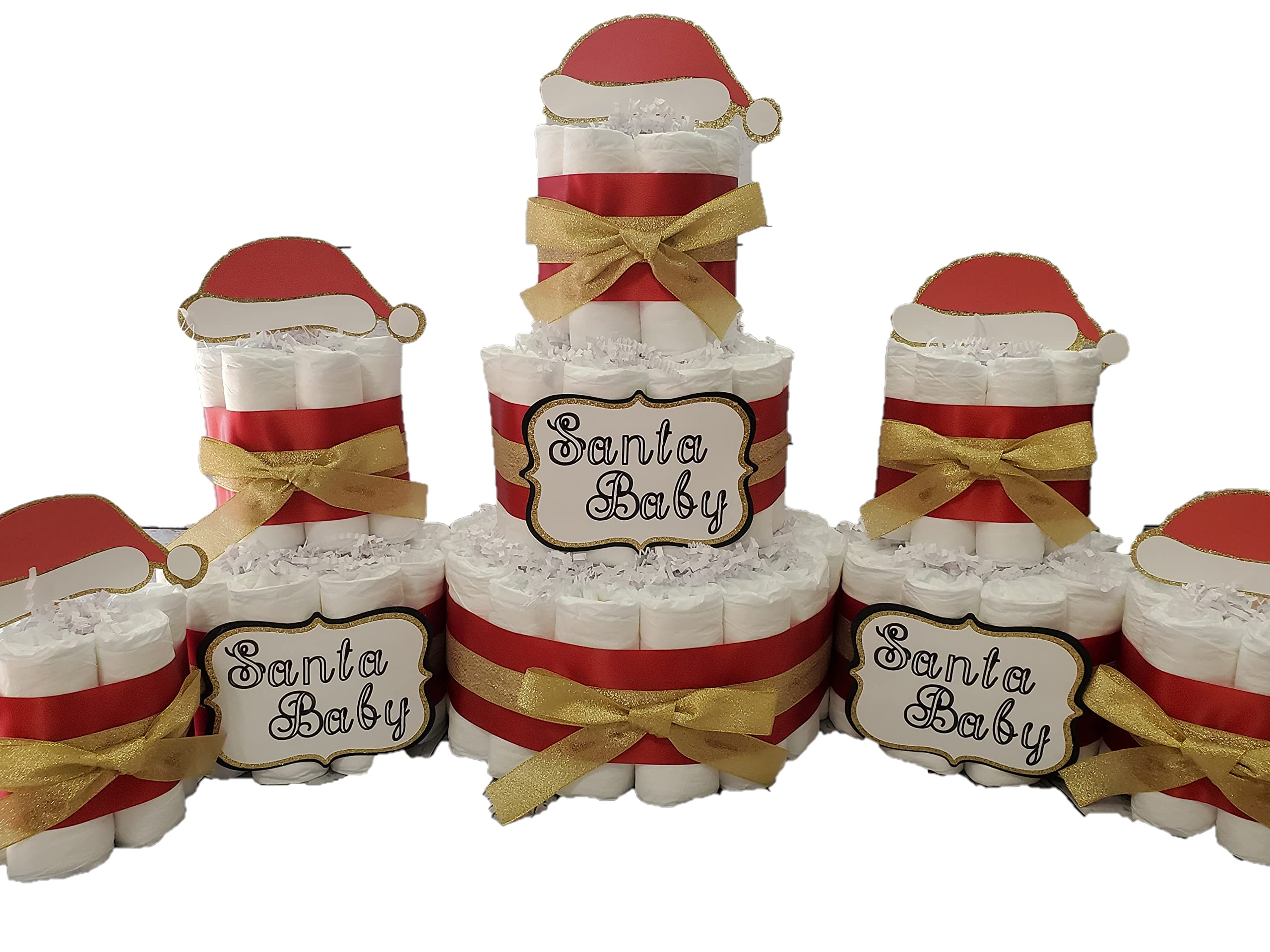 Santa Baby Christmas Theme Diaper Cake 5-Piece Set - 3-Tier Baby Shower Gift (Red/Gold or White) - Perfect for Holiday Baby Showers, Christmas Gifts & Newborn Celebrations