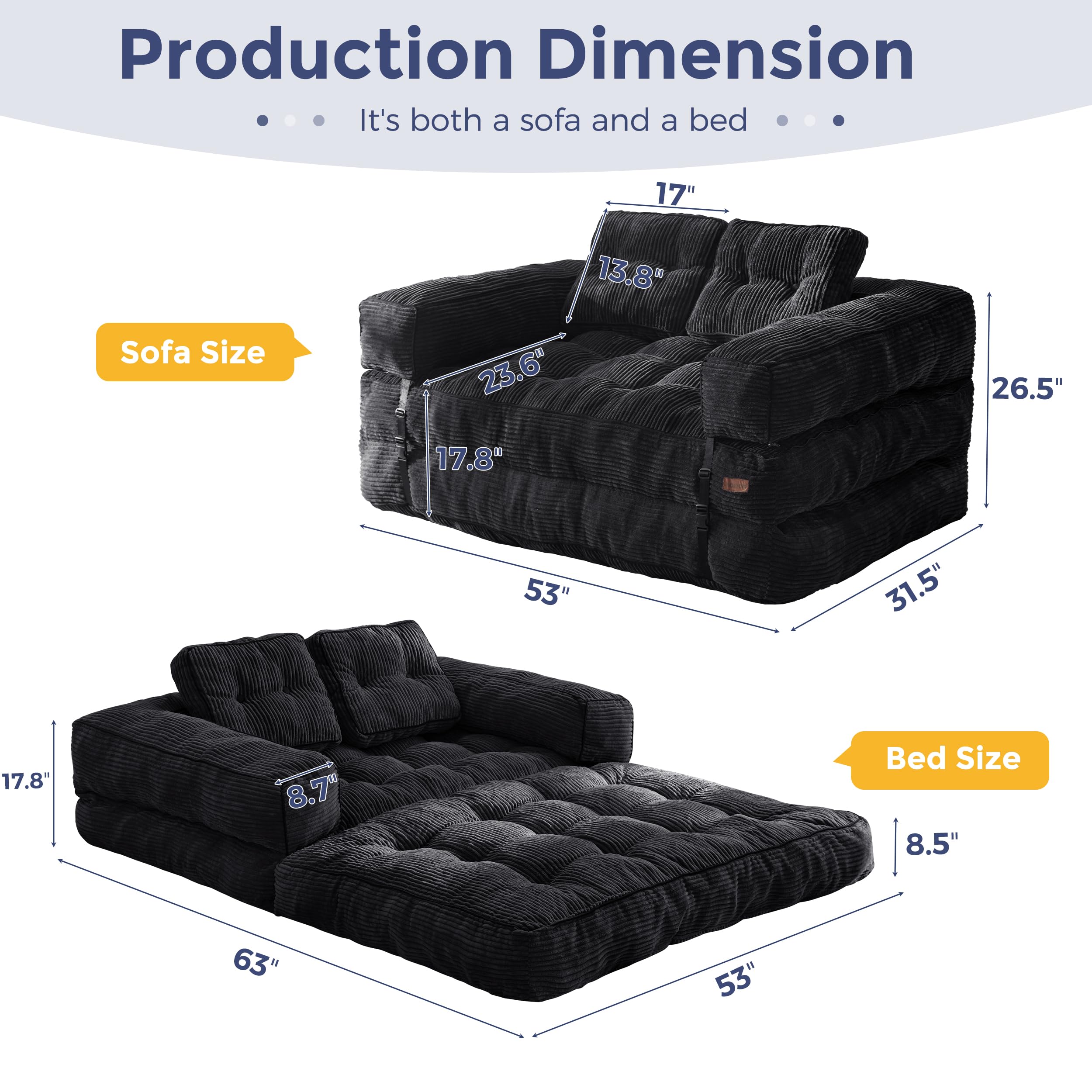 MAXYOYO L-Shaped Folding Sofa Bed - Convertible Sleeper Couch with Armrest & Pillow, Portable Foldable Floor Lounger for Small Spaces - Perfect for Living Room, Bedroom, Guest Room & Studio Apartments - Double Size in Black