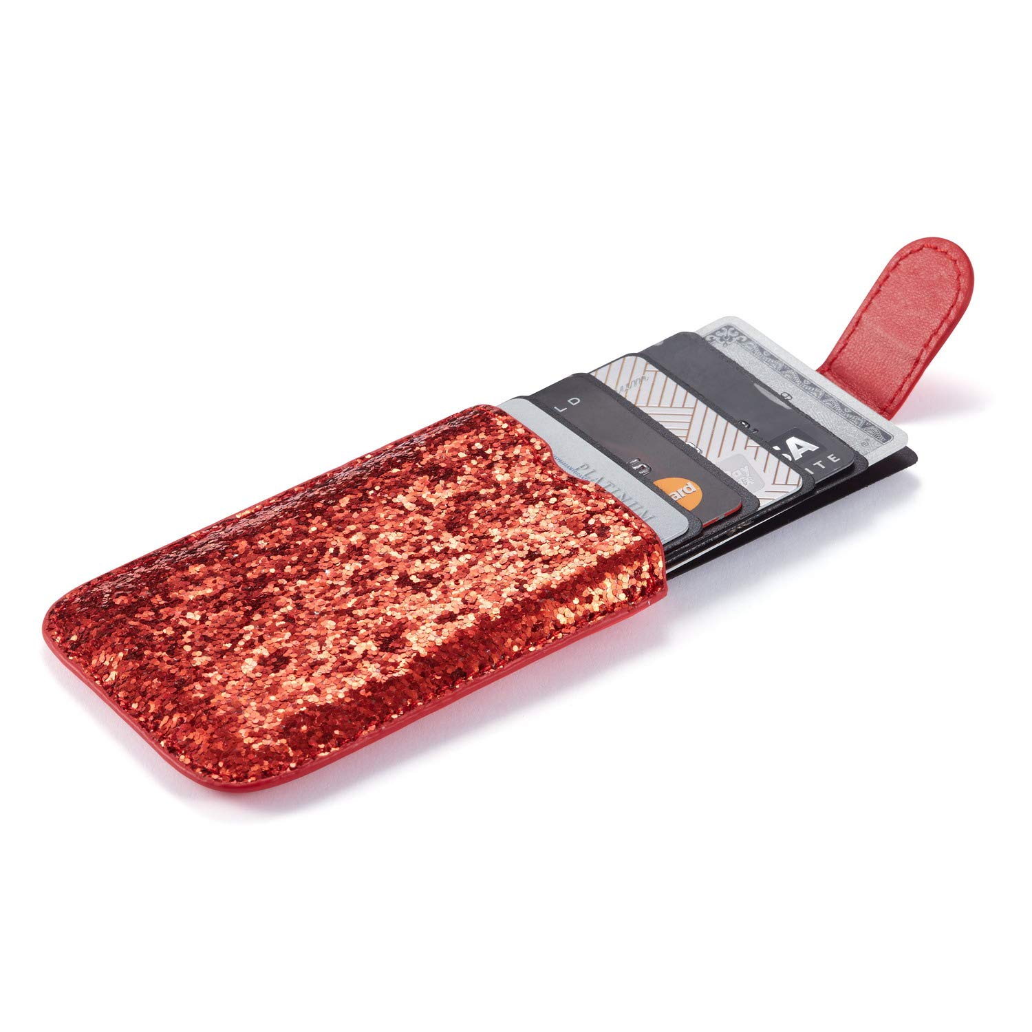 Glitter 5 Cards Holder Cell Phone Pouch - RFID Blocking Stretchable Wallet with Adhesive Back for iPhone 16/15, Galaxy S24 Ultra/Note 20, A55/A74 - Stick on Smartphone Credit Card ID Holder (Glitter Red) | Perfect for Shopping, Travel & Everyday Use