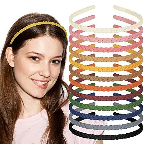 Glamifirsto 12 Pack Thin Plastic Braided Headbands for Girls - Assorted Colors Hair Bands for School, Sports & Everyday Wear