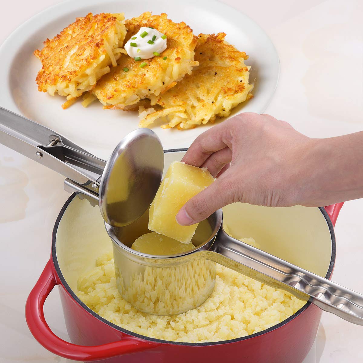 Heavy Duty 15oz Stainless Steel Potato Ricer & Masher with 3 Interchangeable Discs - Professional Potato Press for Perfect Mashed Potatoes, Baby Food & Purees - Ideal for Home Kitchens & Restaurants