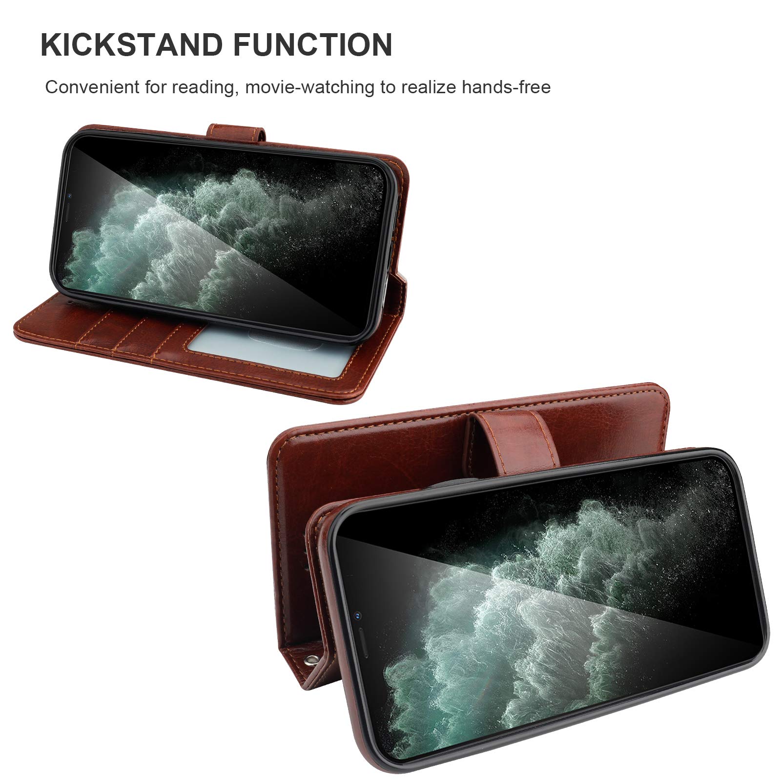 Magnetic Detachable PU Leather Wallet Case for iPhone 11 Pro Max (6.5 inch) - Shockproof Flip Cover with Card Holder, Kickstand & Wrist Strap - Brown | Perfect for Work, Travel & Everyday Protection
