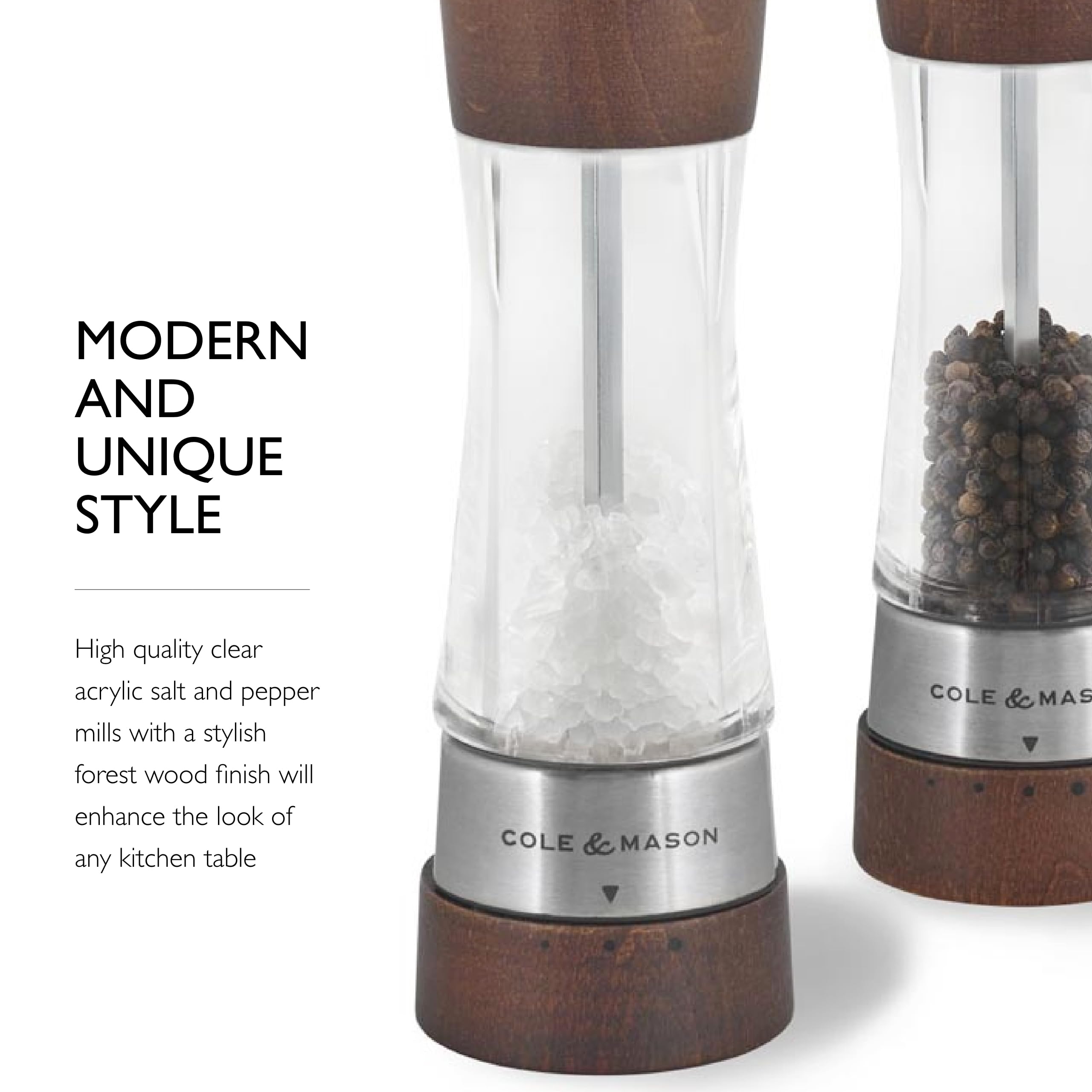 Cole & Mason Derwent Salt and Pepper Grinder Set - Premium Stainless Steel Precision Mechanism with Adjustable Coarseness, Includes Sea Salt & Peppercorns - Elegant Forest Wood Finish for Kitchen, Dining Table & Gourmet Cooking