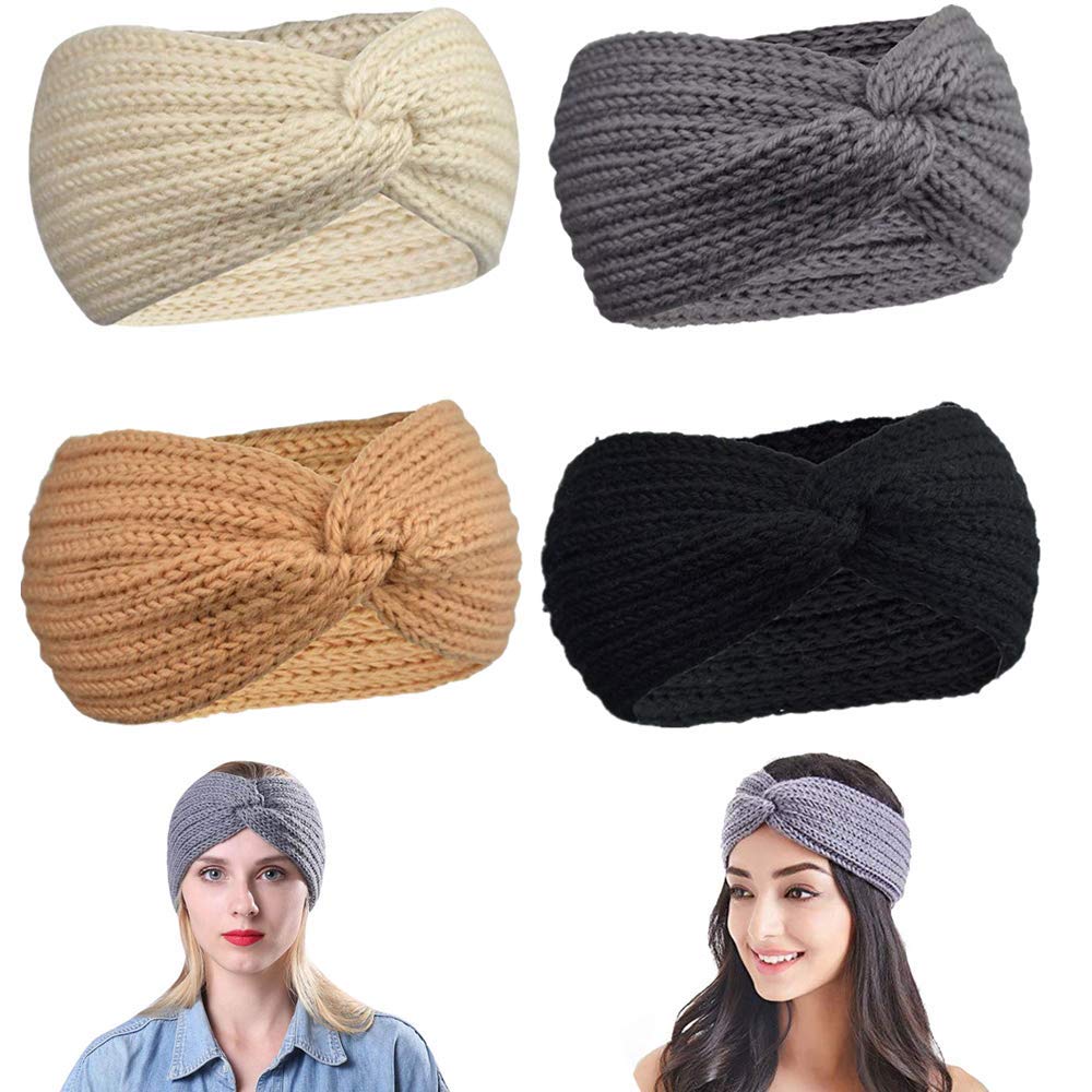 Siundam Winter Knitted Headband for Women - Warm Braided Crochet Head Wrap, Elastic Turban Hairband & Ear Warmer - Cozy Winter & Autumn Hair Accessories (Set E) | Perfect for Outdoor Activities, Running, Skiing & Cold Weather Fashion