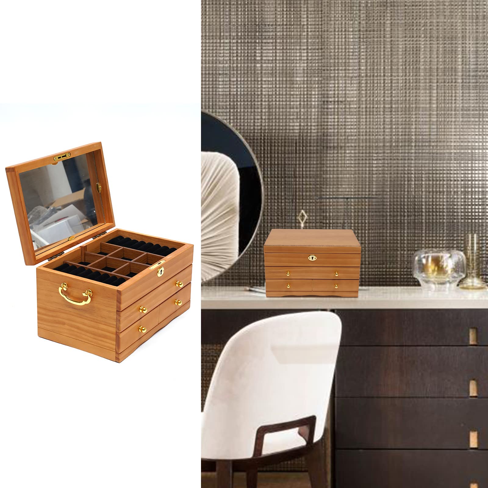 3 Layer Wooden Jewelry Box with Mirror & Lock - Jewelry Organizer with Removable Drawers for Earrings, Rings, Necklaces & Bracelets - Elegant Wooden Jewelry Storage & Display Case for Women & Girls (Perfect for Bedroom Vanity, Travel & Gift Giving)