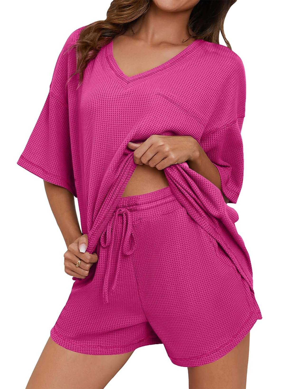 Dokotoo Women's 2-Piece Loungewear Set - Soft Waffle Knit Short Sleeve Top & Drawstring Shorts - Cozy Casual Outfit for Home, Yoga, Travel & Relaxation