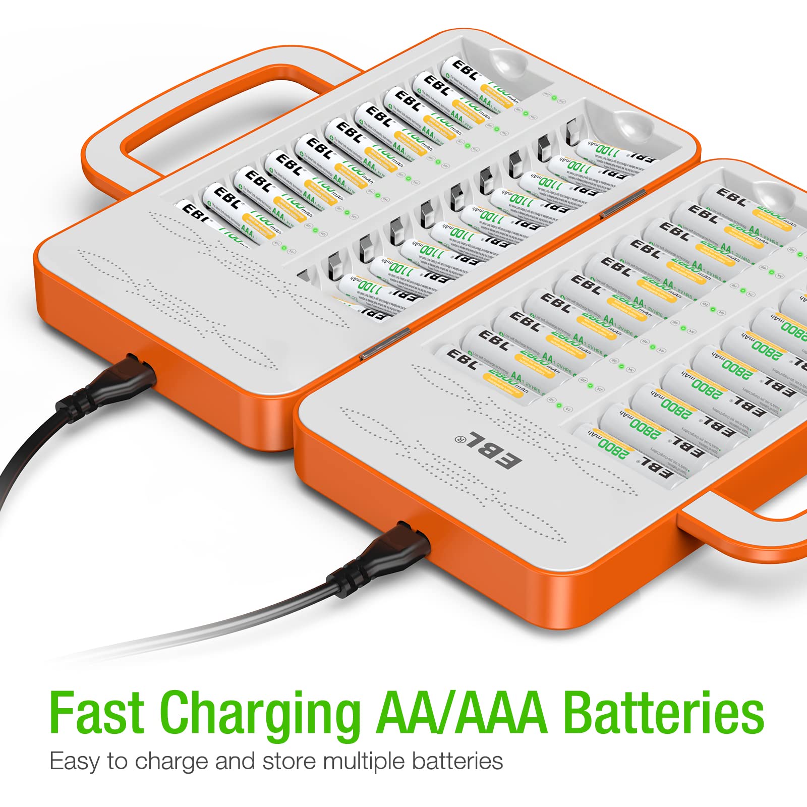 EBL 40-Slot AA AAA Battery Charger for 2/4/6/8/10/12/14/16/18/20/22/24/26/28/30/32/34/36/38/40 Rechargeable Batteries - Fast Multi-Charger with LCD Display & Handle Design (Batteries Not Included) - Perfect for Home, Office, Camera, Toys, and Electronics