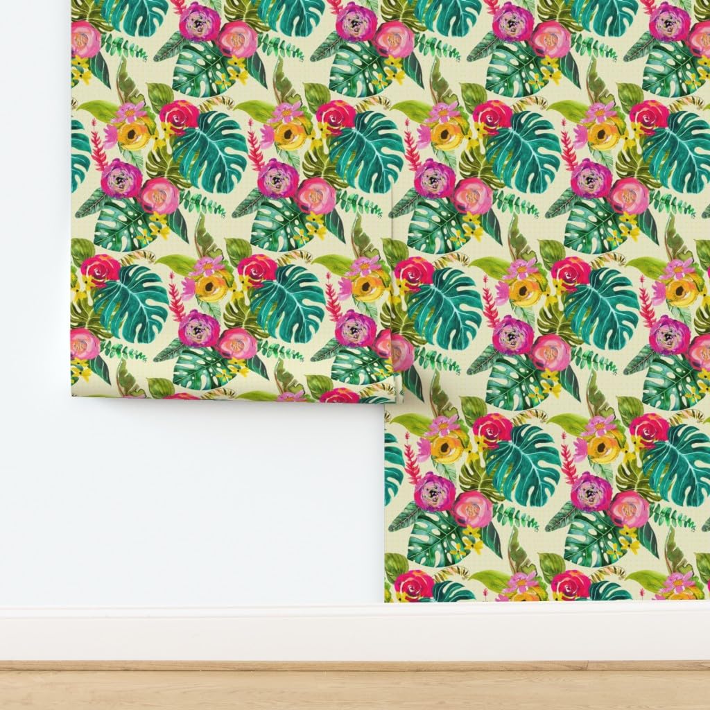 Commercial Grade Wallpaper 27ft x 2ft - Boho Tropical Floral Bohemian Paradise Traditional Peel and Stick Wallpaper by Spoonflower | Perfect for Bedroom, Living Room, Office & Home Decor