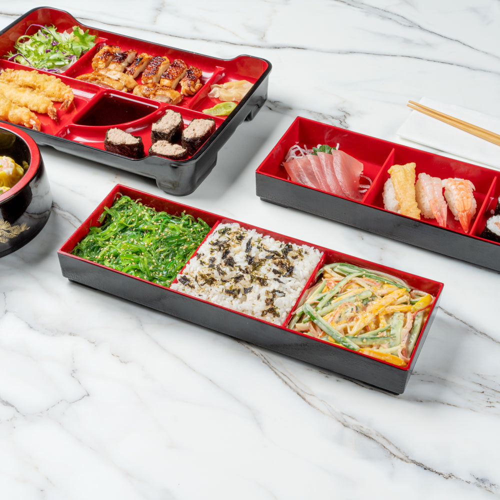 Black & Red Japanese Style Bento Box - 3 Compartment Lunch Tray (14