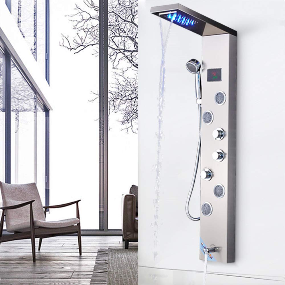 Brushed Nickel LED Shower Panel System with Waterfall Rain & Spa Massage Sprayer - Wall Mounted Shower Column for Luxury Bathroom Upgrade | Perfect for Modern Home Spa Experience & Relaxing Rainfall Shower