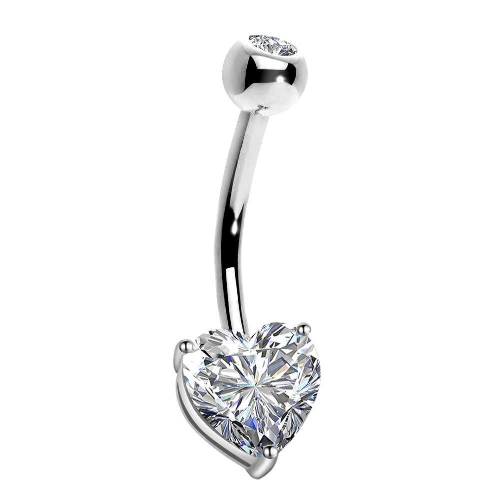 14K Solid White Gold Belly Button Rings with Heart Solitaire Cubic Zirconia - OUFER Navel Piercing Jewelry for Women | Elegant Body Jewelry for Everyday Wear, Parties, Beach Outfits & Special Occasions | Perfect for Date Nights, Vacations & Piercing Gifts | Ideal for Casual, Formal & Summer Fashion Styles