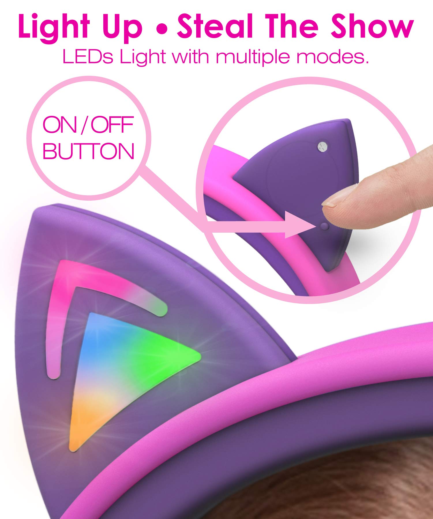 FosPower Kids Headphones with LED Cat Ears - 85dB Safe Volume Limit, 3.5mm Wired On-Ear Headphones with Tangle-Free Cable for iPad, Tablet, School & Travel (Hot Pink/Purple) - Perfect for Online Learning, Airplane Rides & Home Entertainment