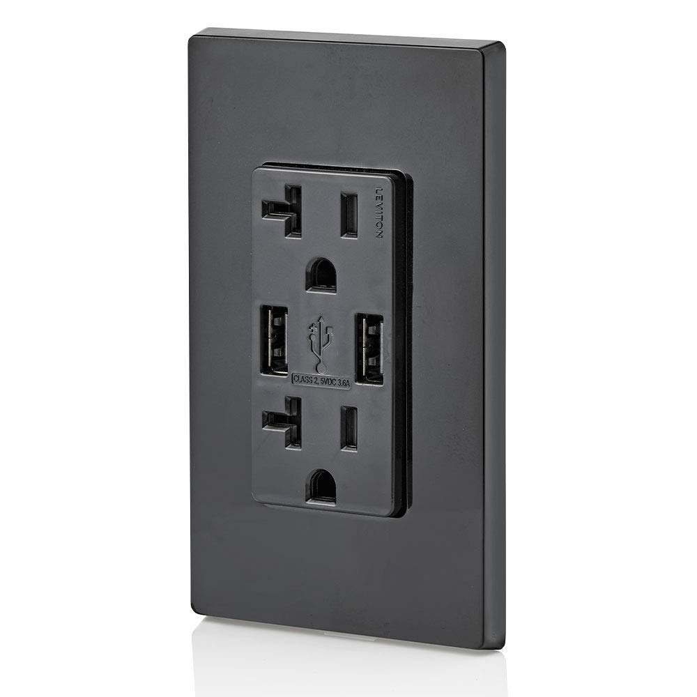 Leviton T5832-B 20A Tamper-Resistant Outlet with Type-A USB In-Wall Charger - Fast Charging for Smartphones, Tablets & Devices - Sleek Black Wall Plate - Perfect for Bedrooms, Offices & Hotels