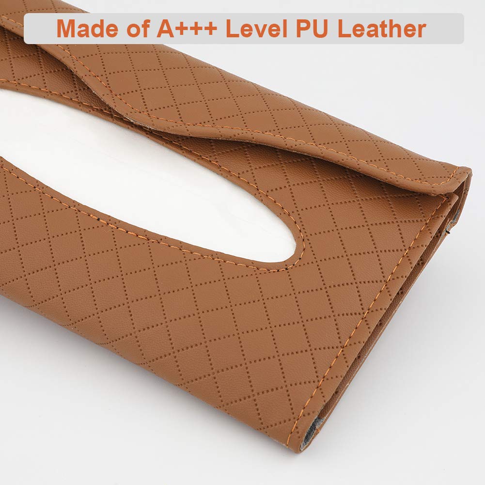 Premium PU Leather Car Tissue Holder - Sun Visor Napkin Dispenser for Car & Truck (Brown) | Backseat Organizer for Tissues, Wipes & Essentials | Perfect for Road Trips, Commuting & Family Travel
