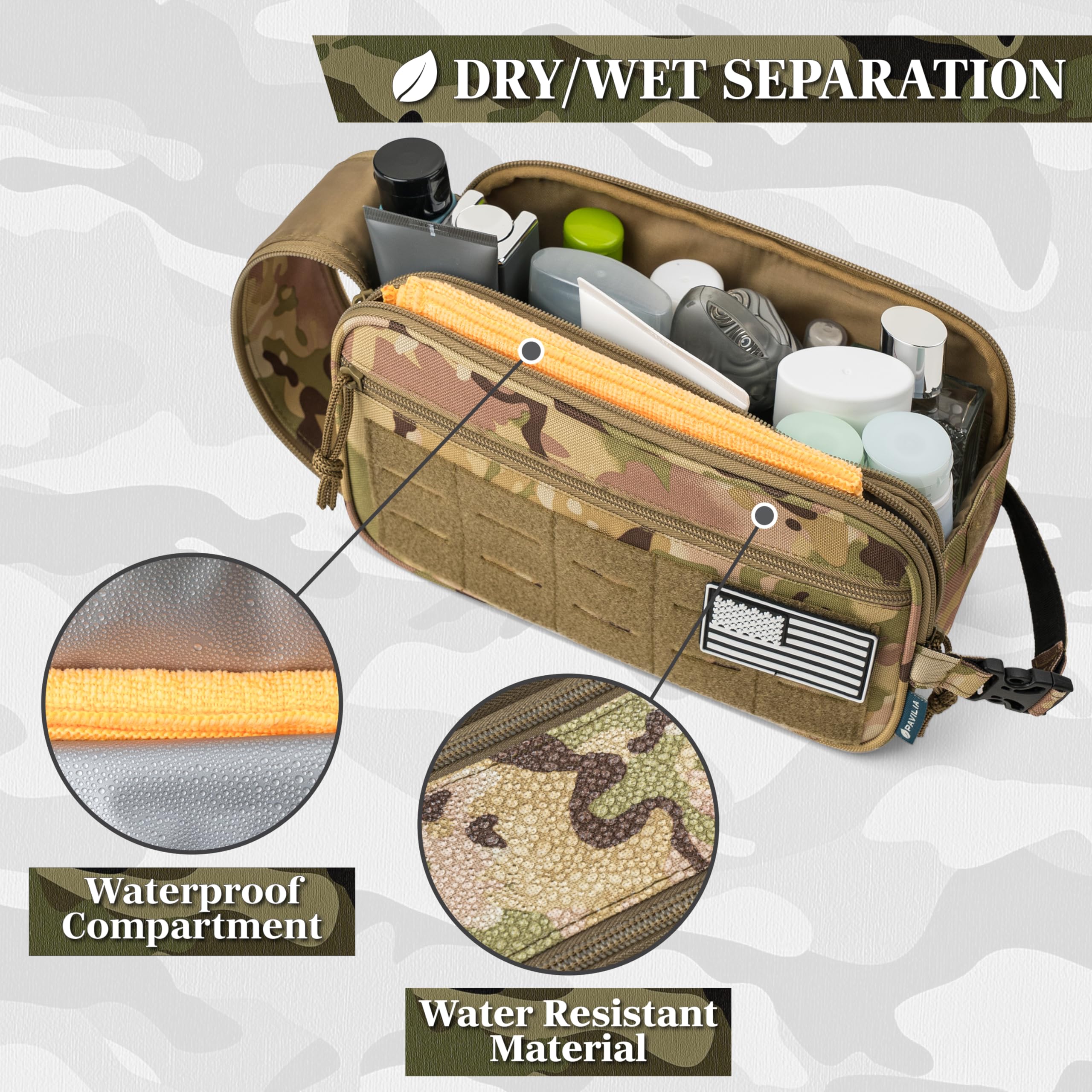 Pavilia Tactical Toiletry Bag for Men - Waterproof Military Dopp Kit with Molle Pouch | Travel Shaving Grooming Essentials Organizer | Compact Bathroom Shower Toiletries Case (Camo) - Perfect for Camping, Gym & Business Trips