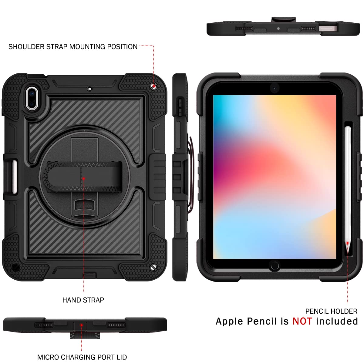 **Apple iPad 10th Gen Case 10.9 inch (2022) - 360° Rotating Kickstand with Pencil Holder, Hand/Shoulder Strap, Shockproof Rugged Cover - Perfect for Work, Travel & Outdoor Use - Black**