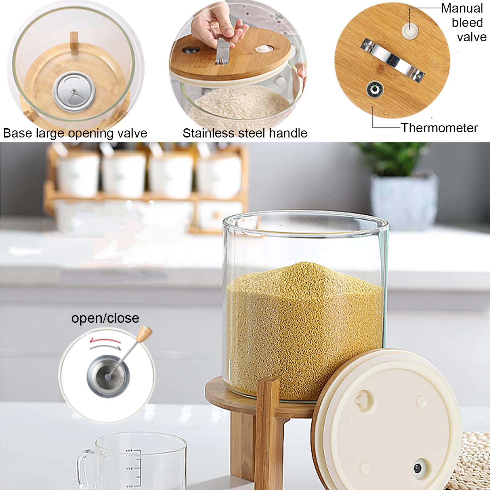 BPA-Free 5L Glass Food Storage Containers with Bamboo Lids - Airtight Cereal, Rice, Flour & Grain Dispenser with Measuring Cup - Perfect for Kitchen Pantry Organization & Bulk Food Storage