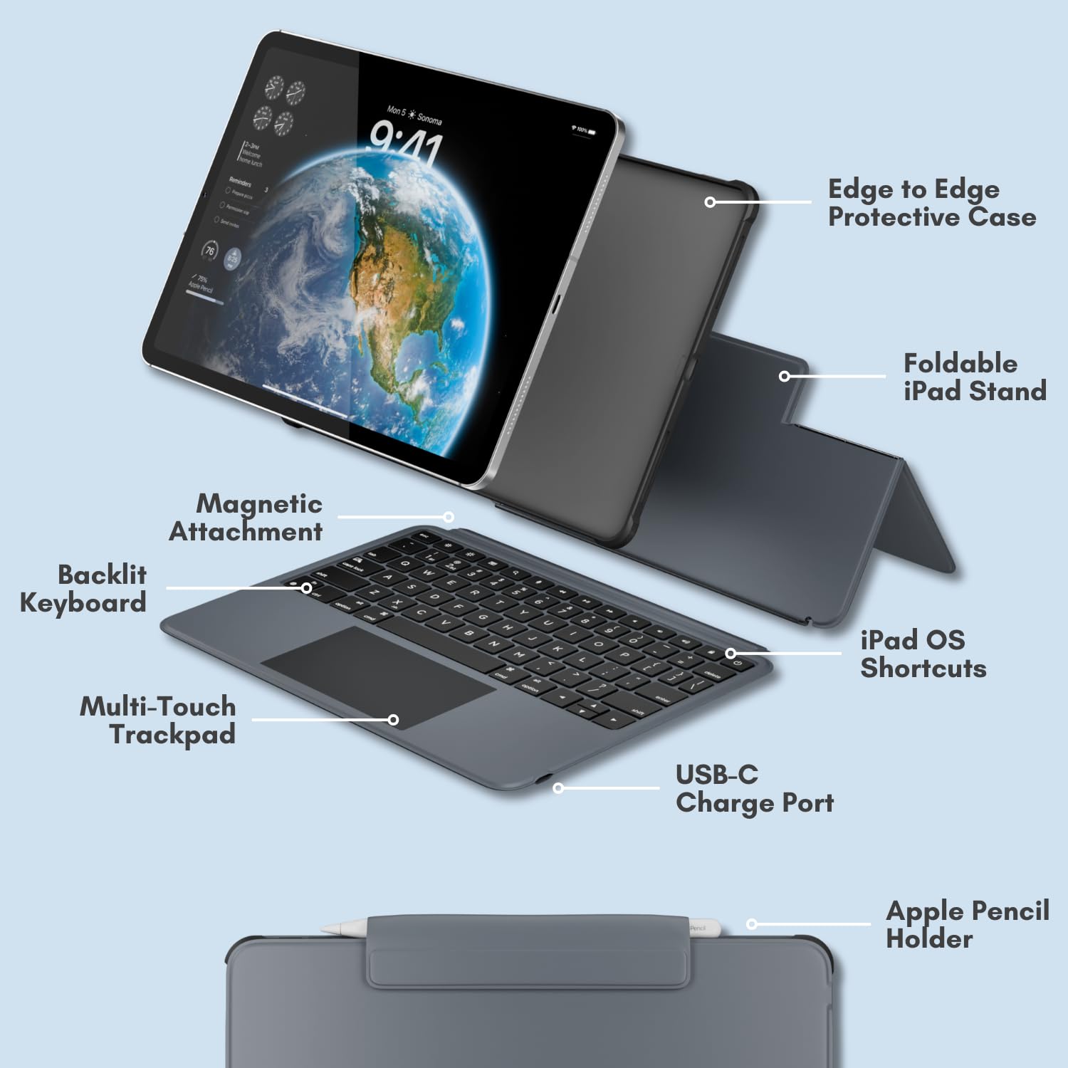 Macally iPad Pro 11 Inch M4 Keyboard Case (2024 7th Gen) - Detachable Backlit Keyboard with Trackpad, Multi-Angle Stand, Apple Pencil Holder - Perfect for Work, Study & Travel